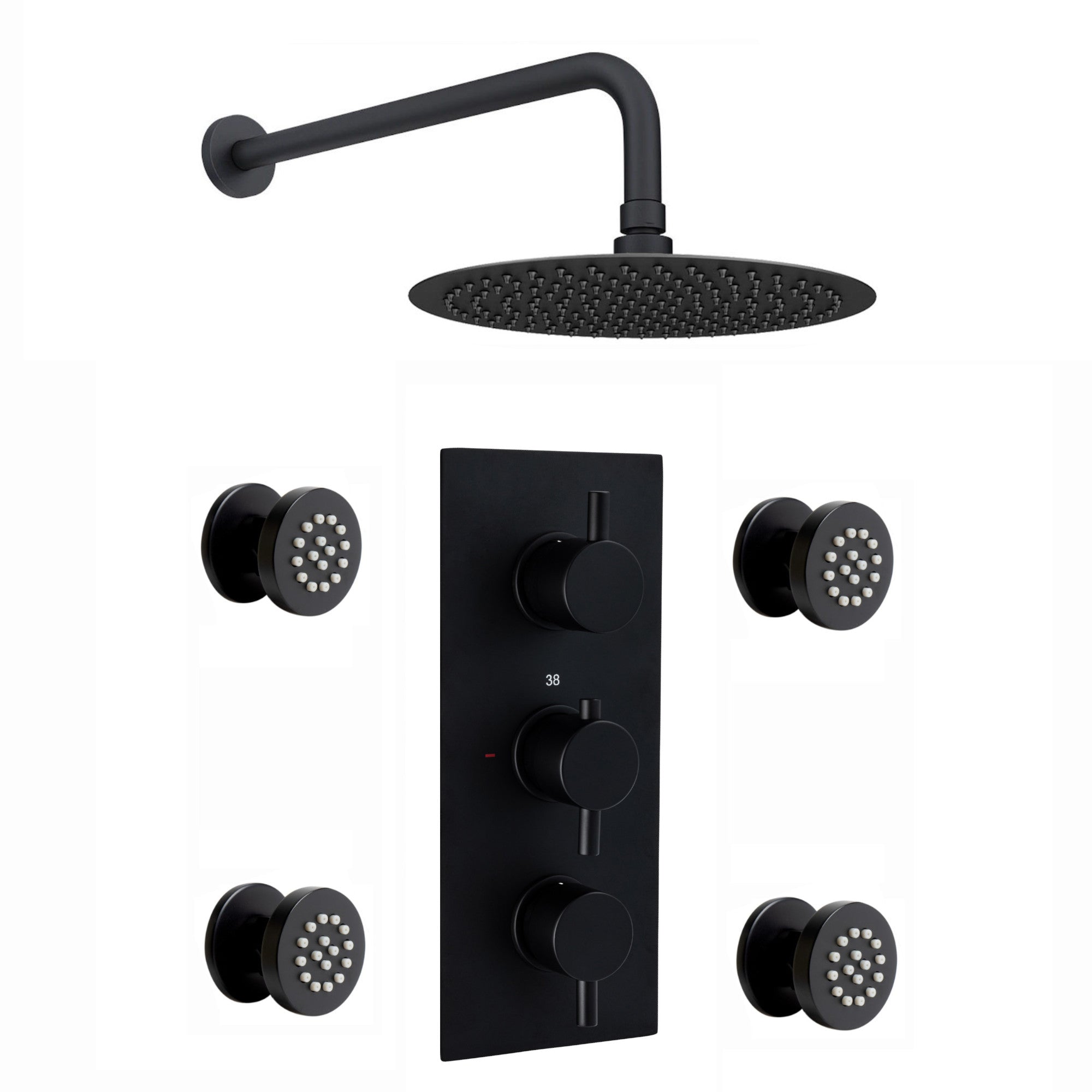 Buy Naples Contemporary Round Concealed Thermostatic Shower Set Incl. Triple Valve, Wall Fixed 8" Shower Head, 4 Spa Body Jets - Black (2 Outlet) online UK